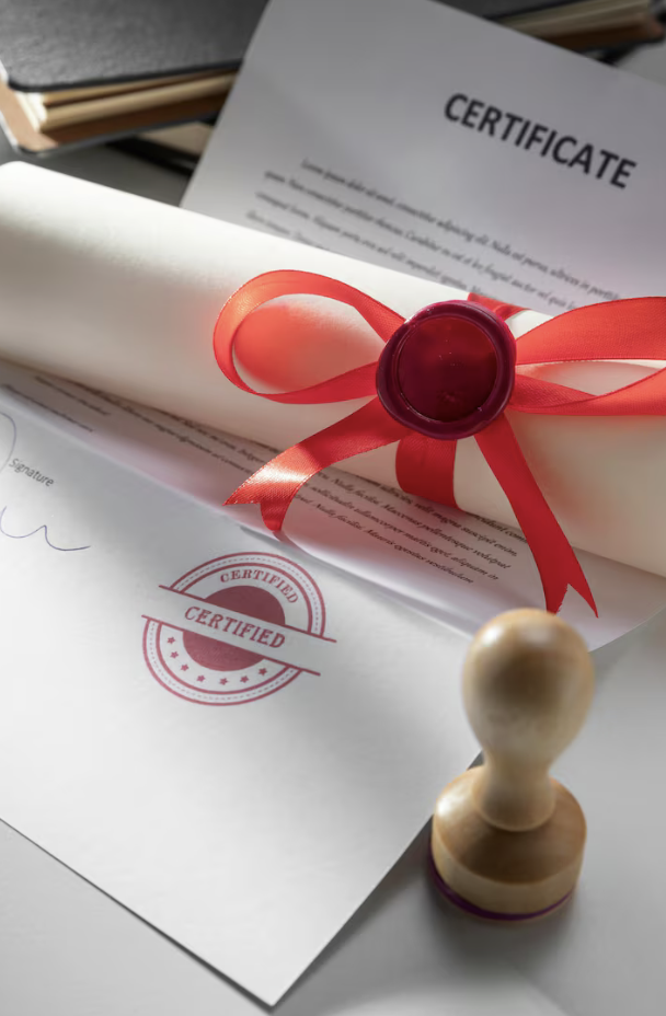 Certyfikat z pieczątką na kartce papieru, z lakowaniem i czerwoną kokardą